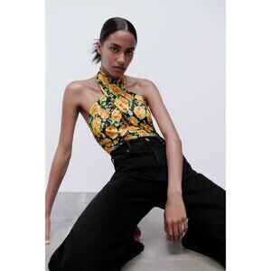 NWOT Zara multicolour floral print crossover, twist halter plunge neck bodysuit